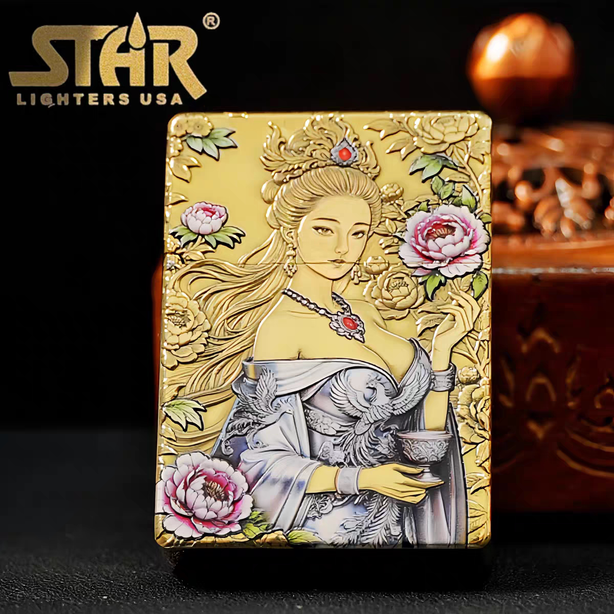 STAR恒星ST9黄铜浮雕钛彩贵妃醉酒煤油打火机黄铜煤油机送男友
