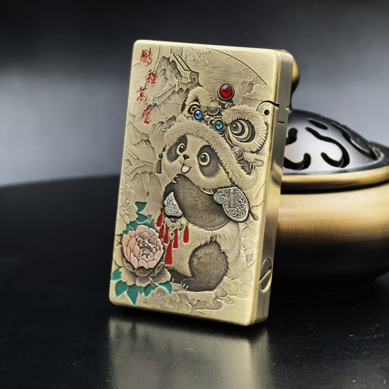ZORRO佐罗799超薄款黄铜小重甲珐琅彩镶嵌转运熊猫煤油打火机