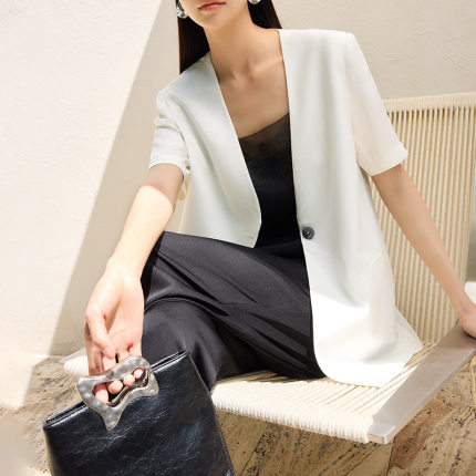 重磅真丝桑蚕丝小西装外套女2025夏季新款弹力重绉高端简约上衣服