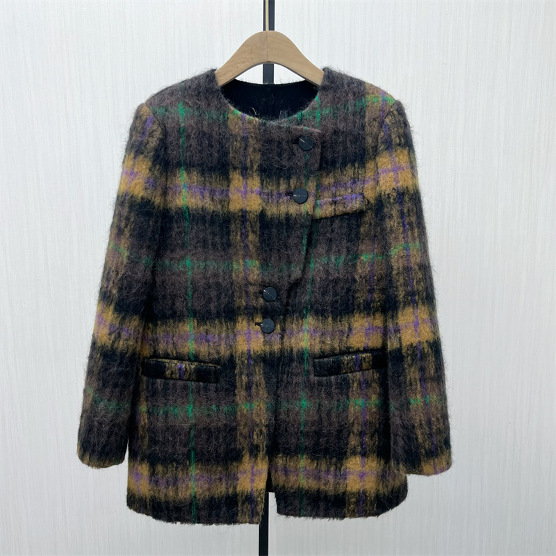 图●2025冬季新品 复古格纹呢子大衣女气质韩版西装毛呢外套7419