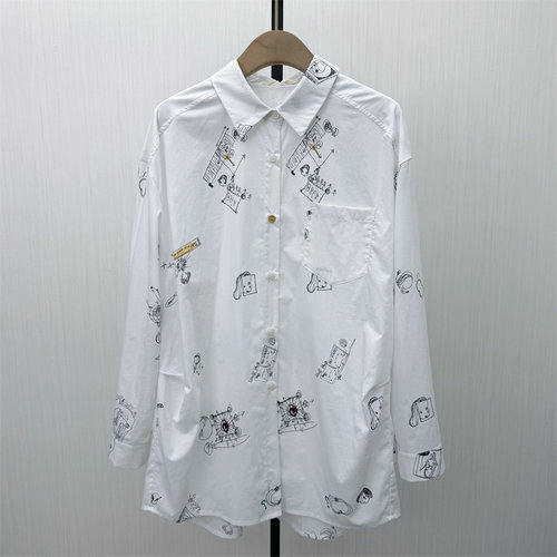 C●2026春季新品 慵懒风印花衬衫女休闲宽松中长款长袖上衣1068