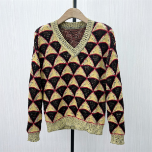 几何图案慵懒套头打底衫 复古花色V领针织衫 新品 6821 2023冬装