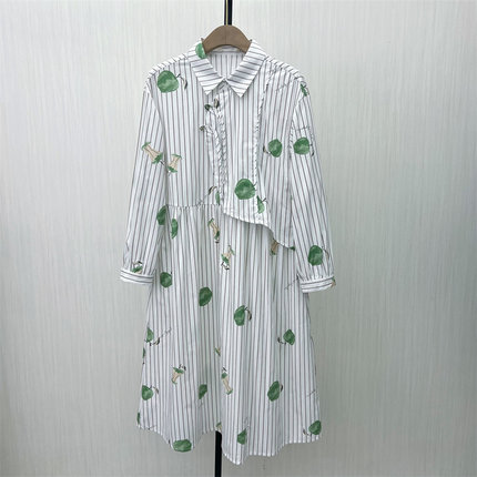 C●2025春季新品 条纹印花连衣裙女慵懒风宽松中长款衬衫裙7232