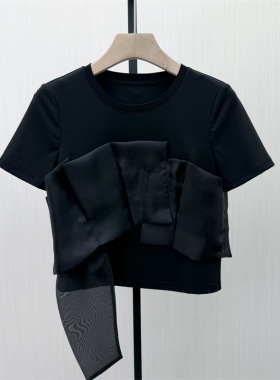 良月●2026夏季新品 短袖T恤女设计感小众网纱拼接显瘦上衣8351