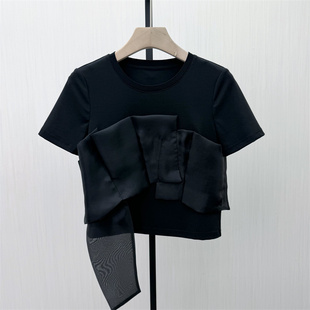 良月●2026夏季新品 短袖T恤女设计感小众网纱拼接显瘦上衣8351