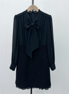 司●2025冬季新品 法式雪纺拼接连衣裙女气质显瘦长袖包臀裙1510