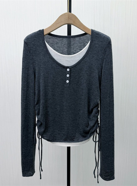 艾W●2026春季新品 假两件针织衫女休闲显瘦简约百搭打底上衣5115