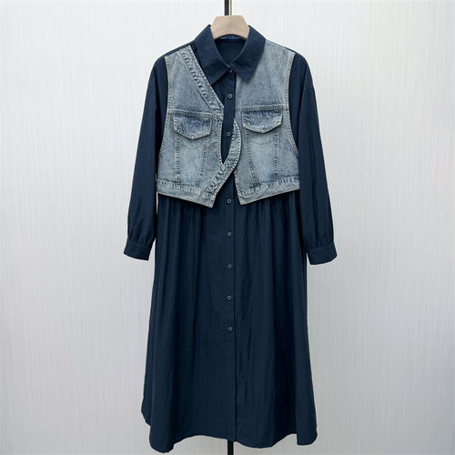 C●2026春季新品 假两件衬衫连衣裙女休闲宽松牛仔拼接裙子7320