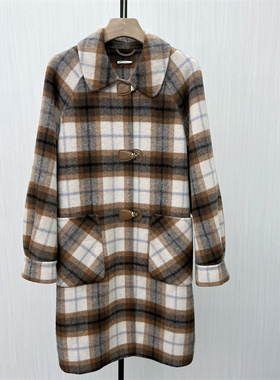 C●2025冬季新品 格纹双面呢大衣女气质长款宽松绵羊毛外套8331