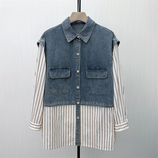 C●2026春季新品 假两件长袖衬衫女休闲宽松牛仔拼接上衣3225