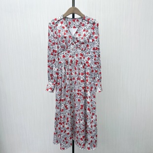 爱心印花v领连衣裙女气质收腰修身 新品 雪纺长裙1801 2025秋季