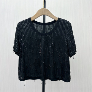 T恤女设计感小众宽松休闲短款 亮片短袖 新品 上衣616 2025秋季