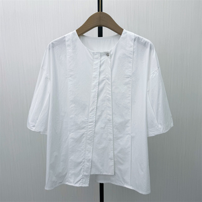 艾W●2026春季新品 短袖衬衫女纯色基础宽松百搭打底内搭上衣2214