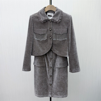檬●2026春季新品 丝绒吊带连衣裙女法式复古小众气质套装裙0083