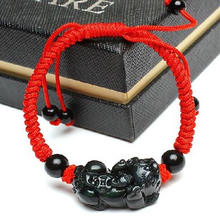 天然彩眼黑曜石貔貅手链  红绳金刚结手链 彩耀石貔貅手链