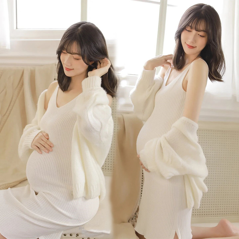 새로운 스타일의 임산부 사진 스튜디오 의류 아름다운 가정용 니트 가디건 스커트 정장 임산부 개인 예술 사진 의류