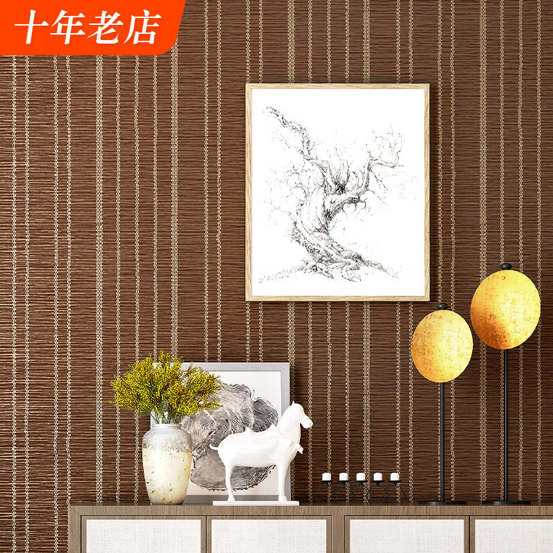 中式复古仿木纹草席墙纸天花板仿草编亚麻布纹墙围卧室榻榻米壁纸