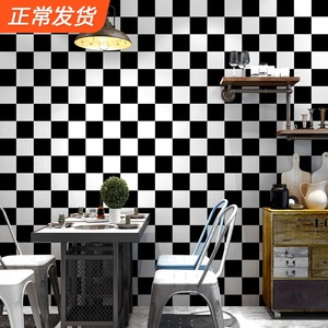 黑白格子墙纸北欧风格现代简约几何方块图案防水服装店背景墙壁纸