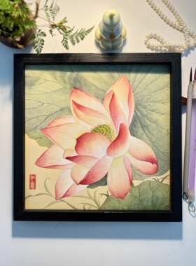 中式正方形荷花装饰画茶室餐厅书房客厅沙发背景墙装饰画27x27cm