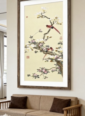 纯手绘国画花鸟装饰画客厅卧室挂画家居摆画尺寸66x33cm不带框