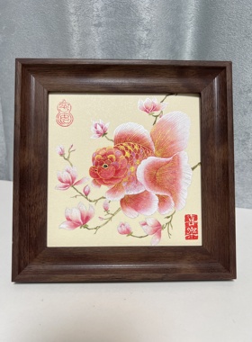 纯手绘国画玉兰花锦鲤摆台装饰画客厅卧室挂画摆画尺寸15x15cm
