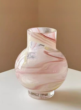 HEDU法式中古花瓶粉色云纹桌面琉璃小花瓶家居玻璃插花器极简复古