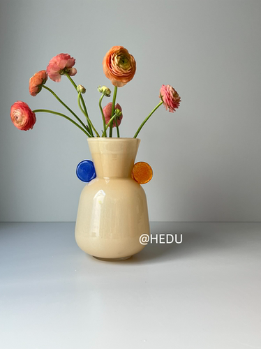 HEDU中古手工双耳琉璃花瓶轻奢高级感餐桌插花斗柜奶油黄装饰花器