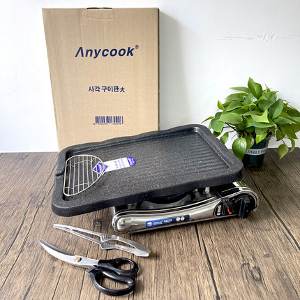 韩国进口Anycook加厚不沾烤盘长方形卡式炉烤盘烤肉盘麦饭石涂层