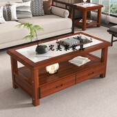 新中式 双层家用小户型抽屉长方形茶桌岩板实木茶几茶台可定做