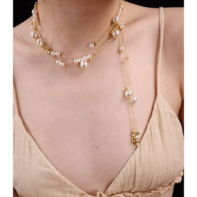 复古破碎感人造水晶珍珠S家叠戴项链女秋冬长款毛衣链感小众饰品