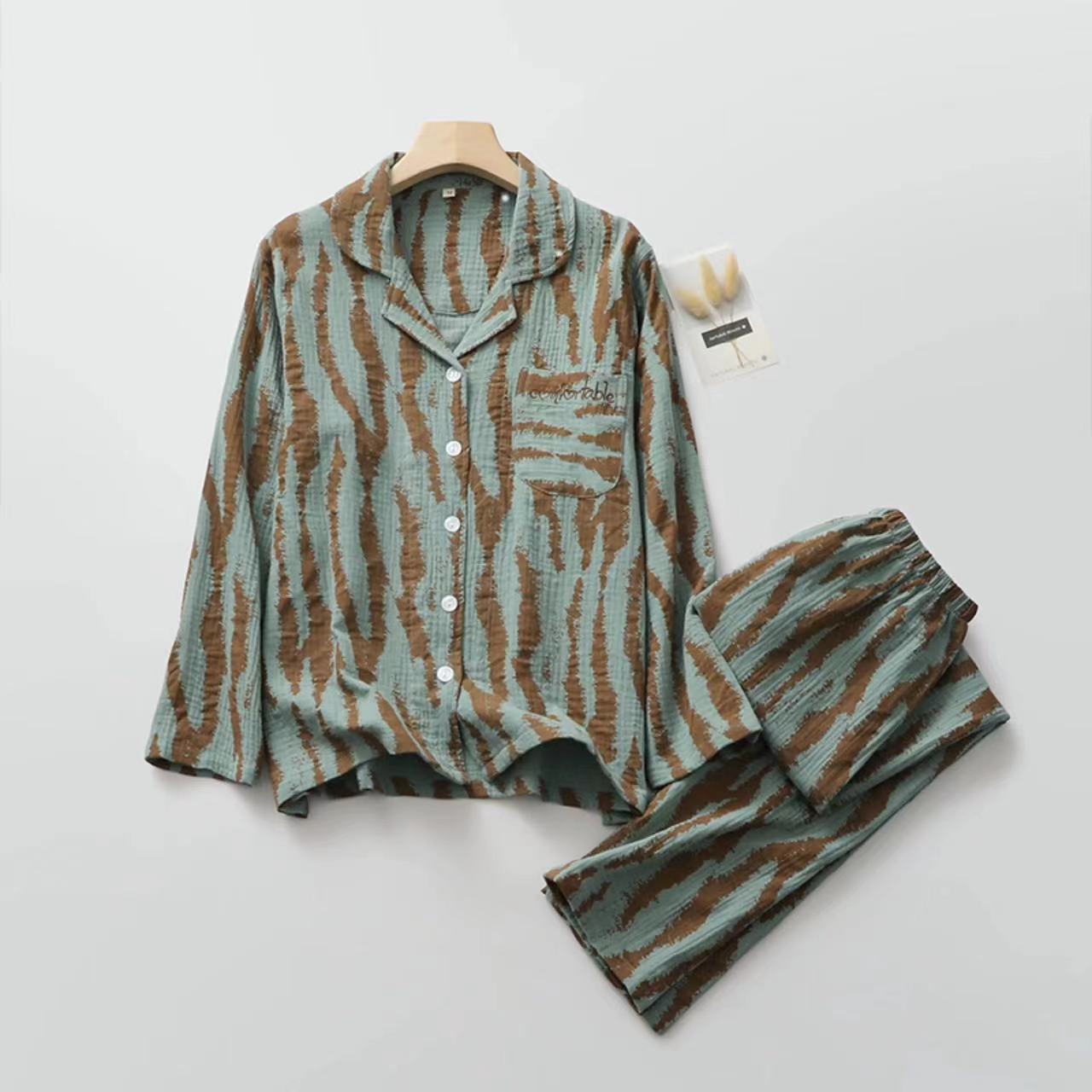 斑马纹夏季刺绣字母长袖纯棉睡衣