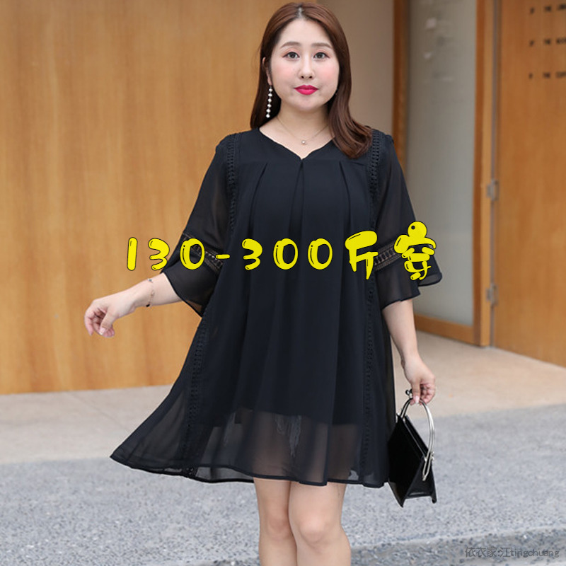 特大码夏季薄款v领雪纺连衣裙女200斤胖妹妹韩版宽松遮肉显瘦裙子