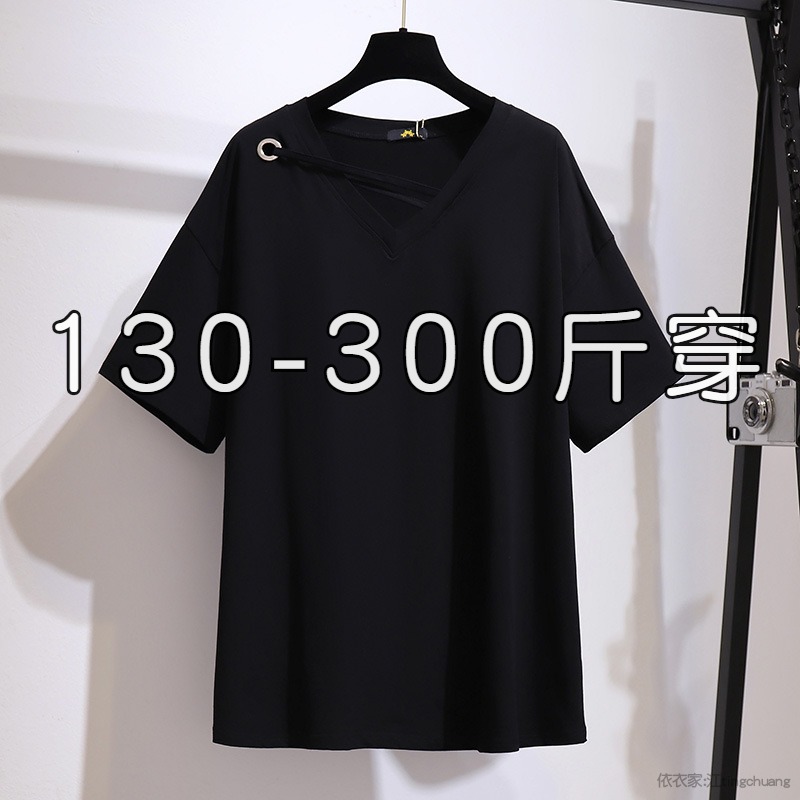 特大码女装300斤胖mm设计感V领短袖t恤230胖子夏装遮肚子显瘦上衣