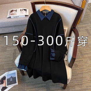 特大码翻领长袖连衣裙女春秋遮肚子300斤200胖mm加肥显瘦遮肉裙子