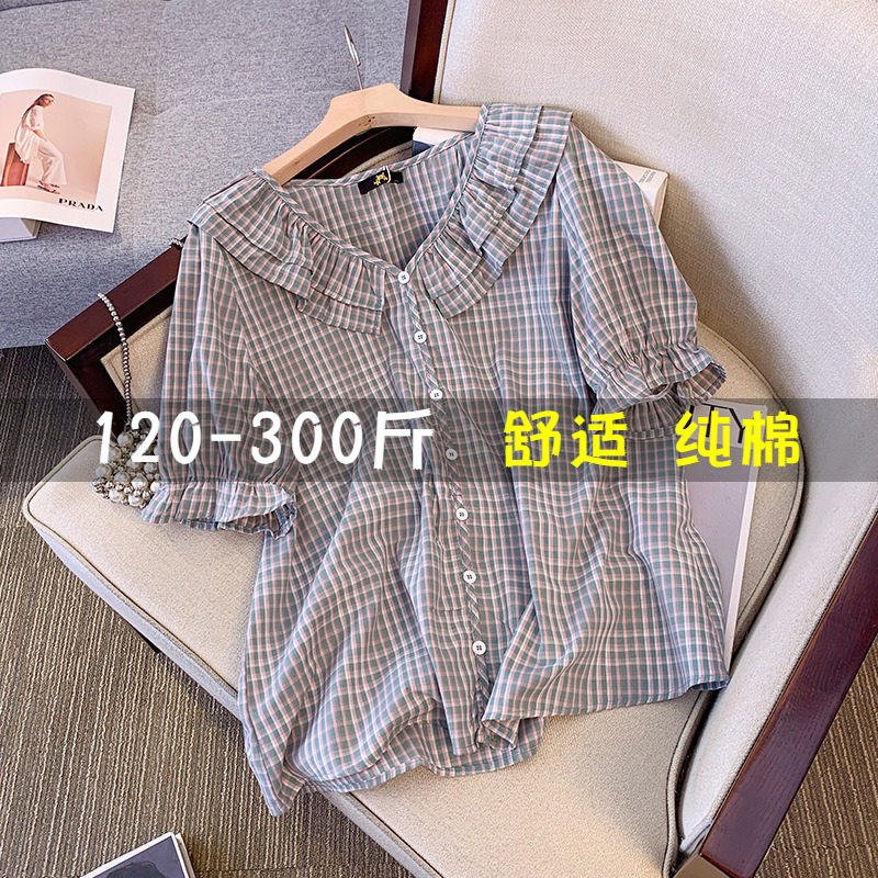胖mm法式格子娃娃领短袖衬衫女夏大码200斤宽松泡泡袖V领纯棉上衣