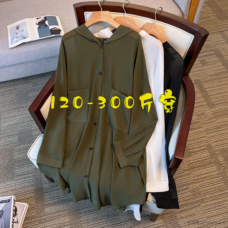 夏季薄款透视珍珠纱连帽长袖衬衫女大码胖mm宽松长款遮肉显瘦上衣