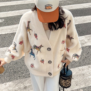 工厂直销26年新韩版秋冬加厚印花图案马水貂毛貂绒外套可爱上衣女