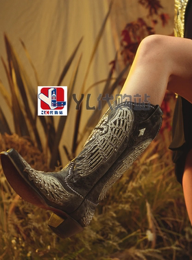 美国直邮代购Corral刺绣真皮十字天使翼中高筒尖头方头西部牛仔靴