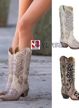 美国直邮代购Corral刺绣镶钻方尖头高筒真皮牛仔靴夏西部靴婚礼靴