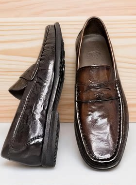 撤柜男鞋意大利进口小牛皮商务正装皮鞋男一脚蹬乐福鞋手工上线鞋
