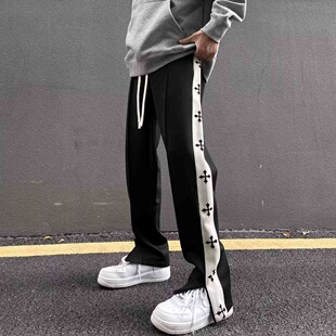 美式微喇裤子男春季宽松直筒卫裤男十字架拉链高街运动休闲裤新款
