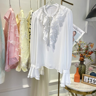 2025夏季新款重工钉珠镶钻衬衫女高级感白月光荷叶边拼接法式上衣