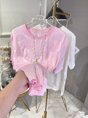 2025夏季新款重工烫钻醋酸短袖T恤女设计感小众休闲凉快半袖上衣