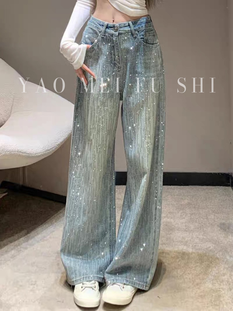 2026春季新款前后重工烫钻流星雨牛仔裤女高腰显瘦直筒全钻拖地裤图片