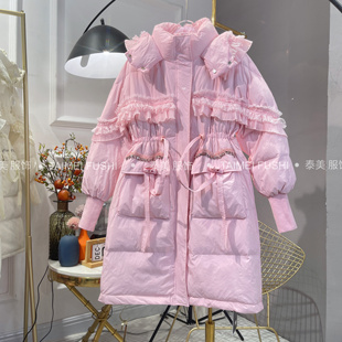 2024冬季新款羽绒服女中长款连帽收腰木耳蕾丝花边加厚甜美风外套