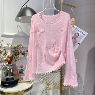 2025秋季新款法式粉色风情织就秋日浪漫高级感重工钉珠蝴蝶上衣女