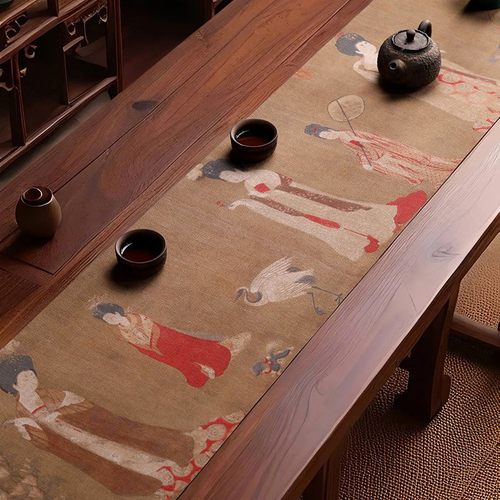 中式防水织锦茶席轻奢高端桌布中国风仕女图茶旗垫子复古桌旗禅意