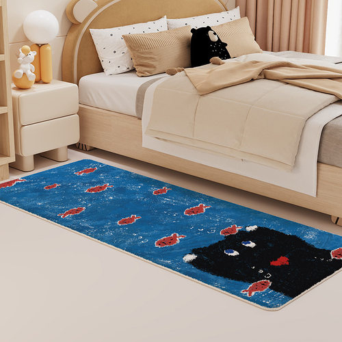 卡通小猫仿羊绒地毯家用装饰卧室床边毯ins风长条可爱儿童地垫