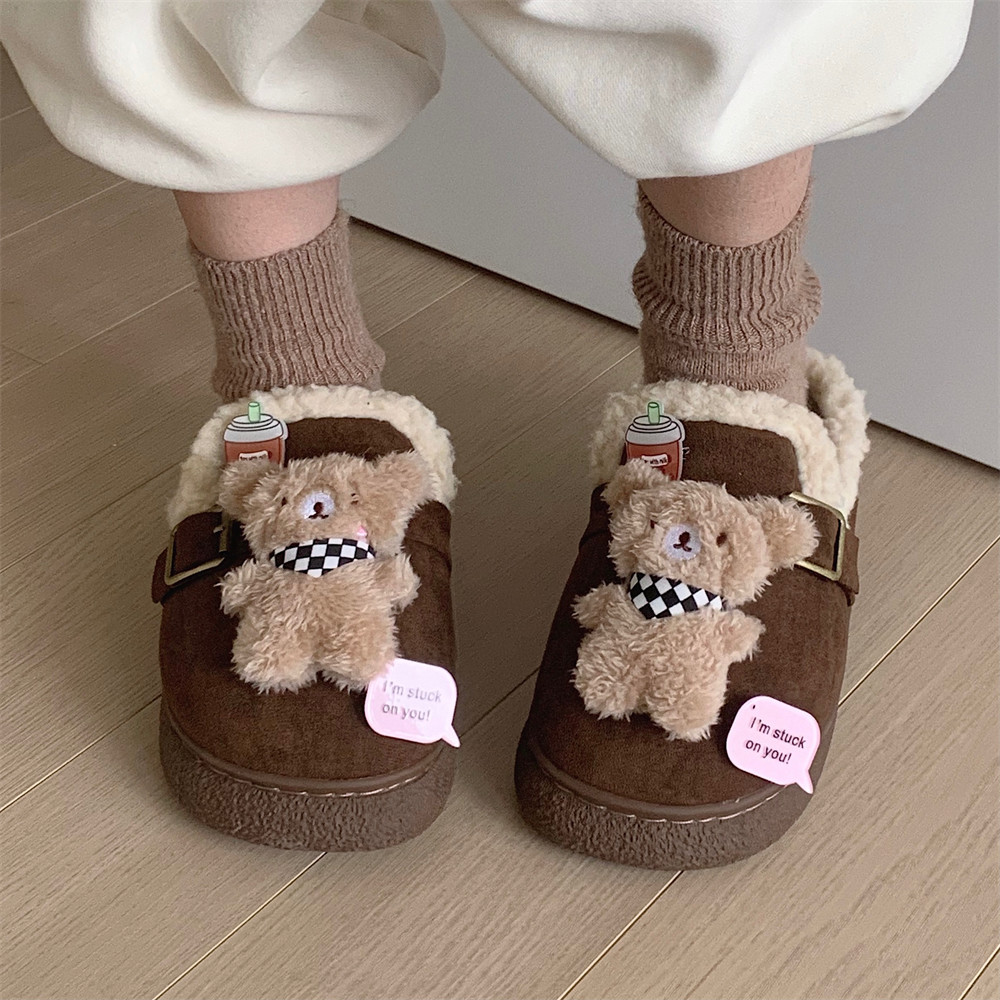 创意新款韩版ins可爱小熊棉拖鞋女士秋冬学生加绒保暖户外勃肯鞋
