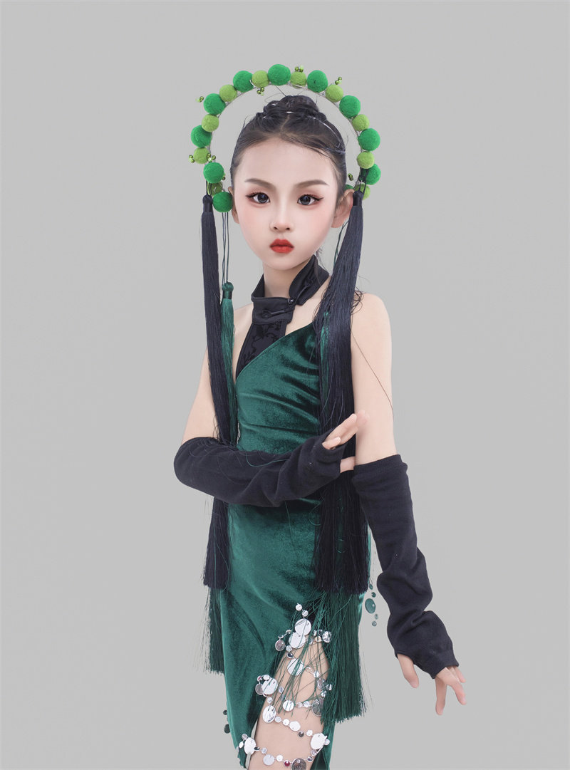 女童新款t台走秀服装墨绿色旗袍套装京剧元素中国风节气元素演出